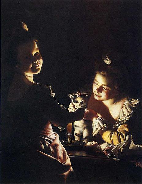 Joseph wright of derby Joseph Wright of Derby. Two Girls Dressing a Kitten oil painting image